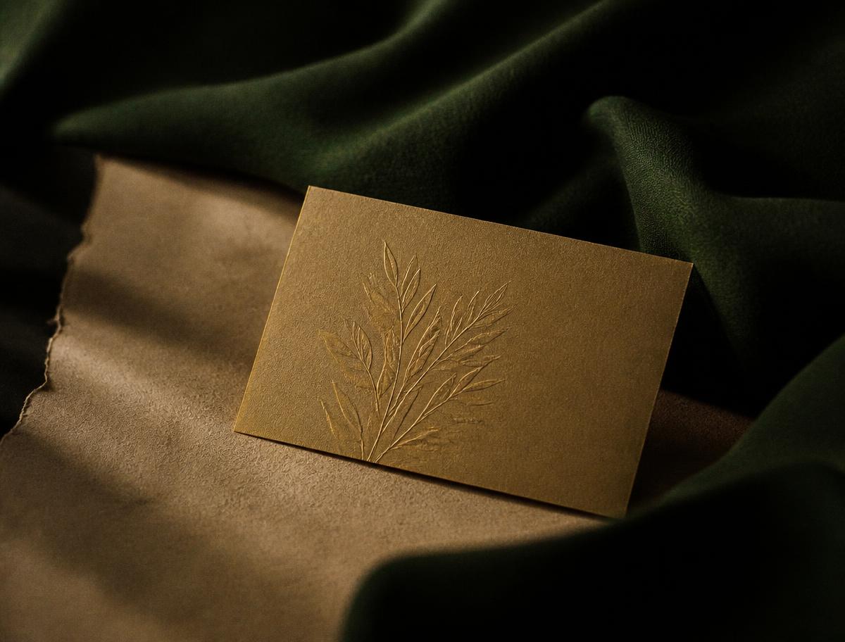 An embossed card resting on sand-colored paper against dark green cloth